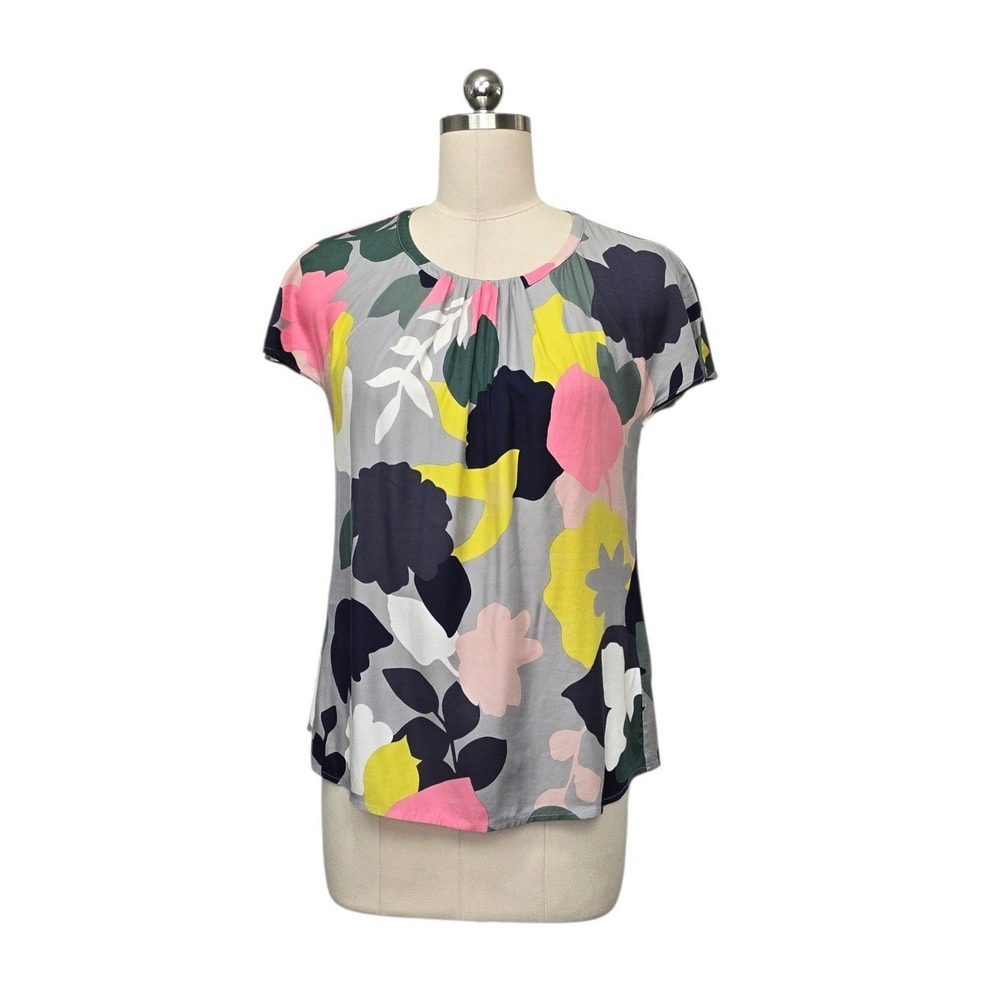 Boden Silk Blend Abstract Floral Short Sleeve Blouse Grey Pink W0605 US 4